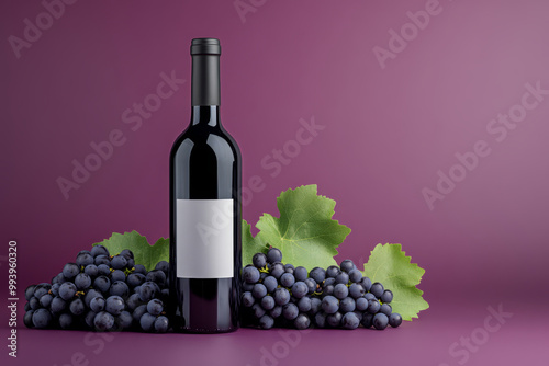 Wine bottle beside a bunch of dark grapes, vine leaves