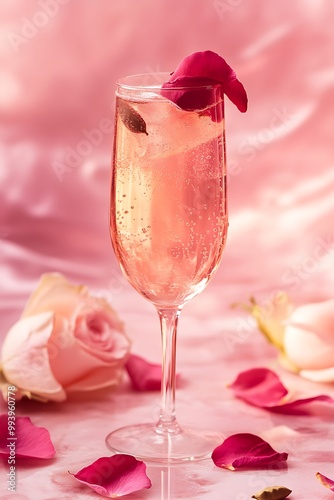 Sparkling Rose Cocktail with Rose Petals on Pink Background. #993960778