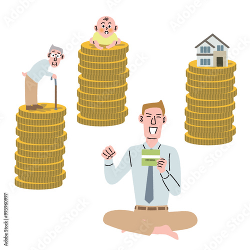通帳を見ながら、三大資金を考えて、喜ぶ男性
