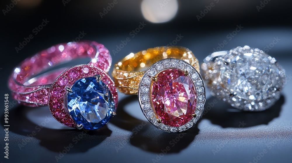 A stunning arrangement of four beautiful rings featuring colorful stones and sparkling diamonds, perfect for jewelry enthusiasts. A stunning arrangement of four beautiful rings featuring colorful stones and sparkling diamonds, perfect for jewelry enthusiasts.