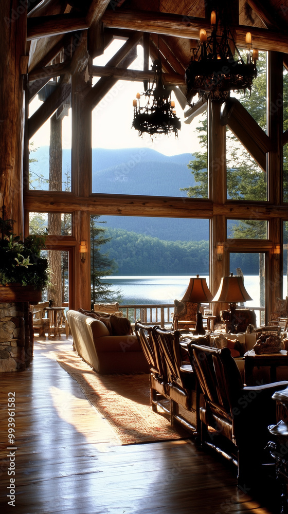 Fototapeta premium Luxury Adirondack Style Lake House with Mountain and Pine Tree Views