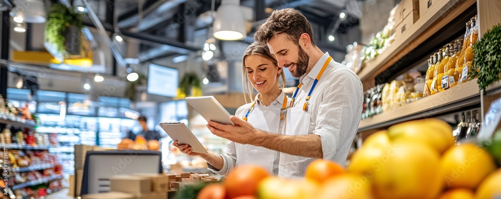 Grocery Store Workers Using a Tablet to Check Inventory.