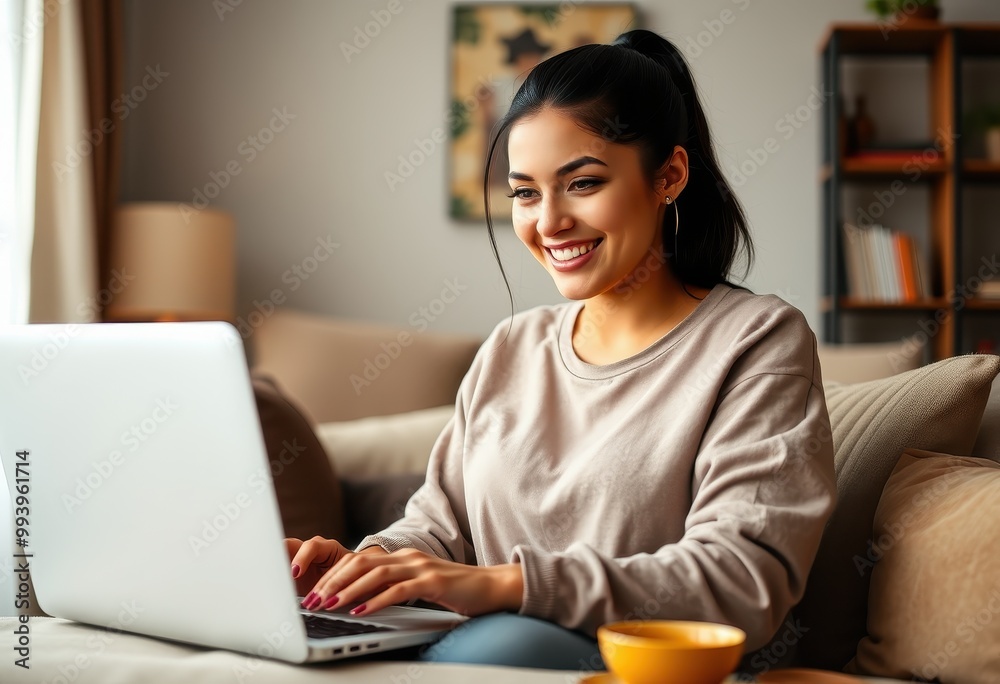 Smiling Woman Using Laptop on a Couch Smiling Woman Using Laptop on a Couch