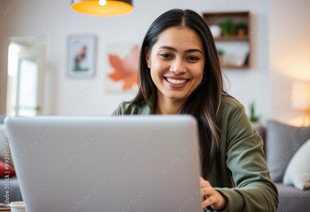 Woman Smiling While Using Laptop in Living Room Woman Smiling While Using Laptop in Living Room