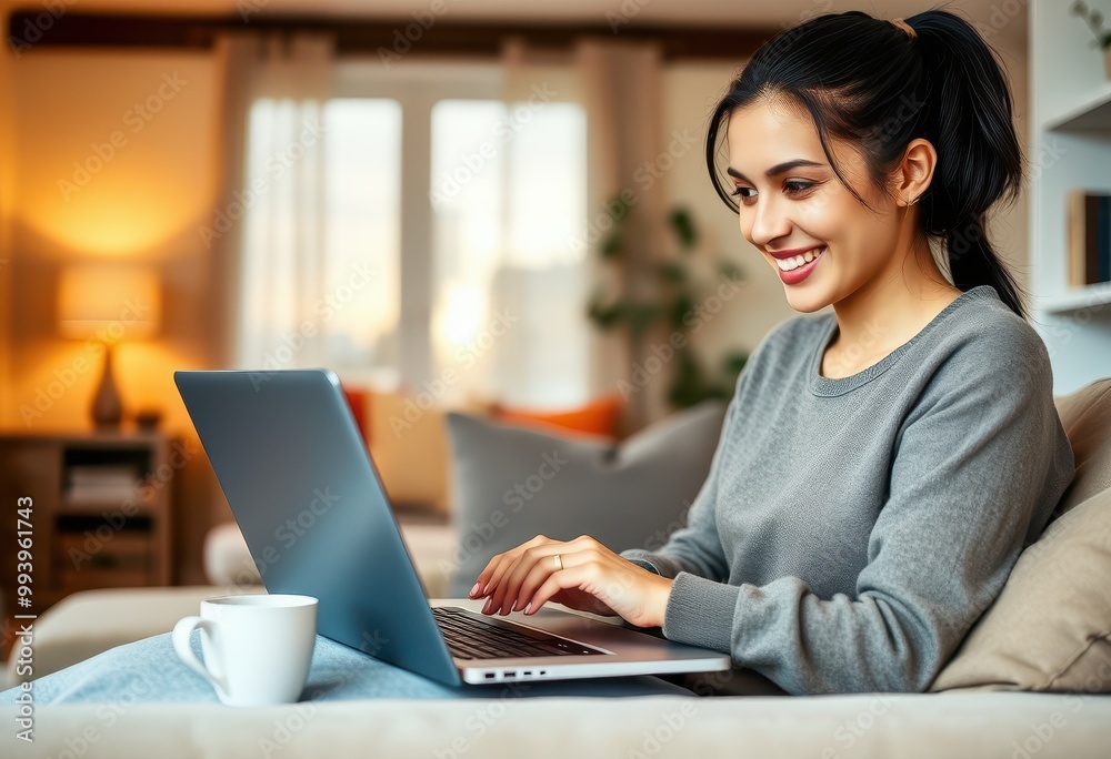 Woman Sitting on a Couch, Using Laptop and Smiling Woman Sitting on a Couch, Using Laptop and Smiling