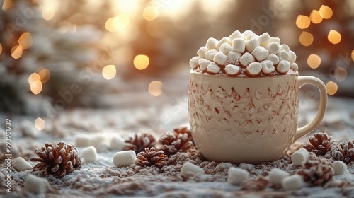 Indulge in a Cozy Winter with a Cup of Hot Chocolate Topped with Marshmallows