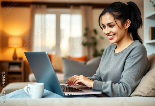 Woman Sitting on a Couch, Using Laptop and Smiling