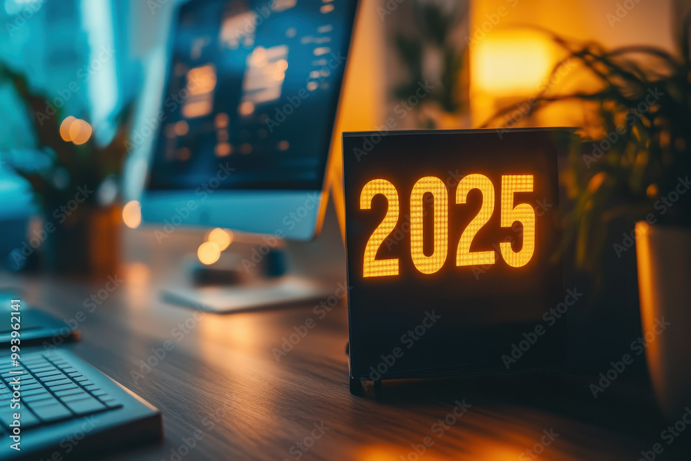 Modern Workspace with Digital 2025 Calendar and Warm Lighting Modern Workspace with Digital 2025 Calendar and Warm Lighting