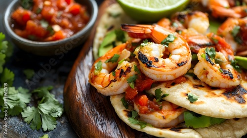 Grilled shrimp with fresh avocado with naan, cilantro, and lime, served with salsa on the side, grilled shrimp tacos, fusion India food