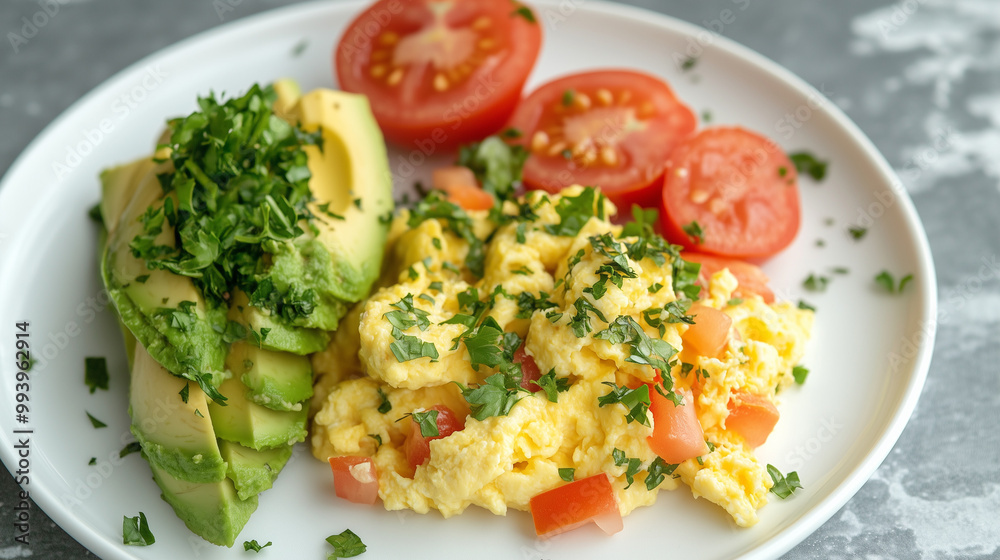 Scrambled Eggs with Avocado and Tomato on a White Plate Scrambled Eggs with Avocado and Tomato on a White Plate