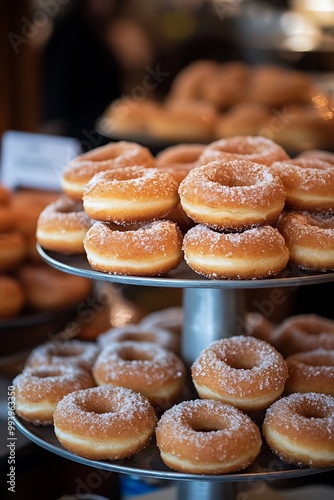 Closeup of a Stack of Freshly Made Powdered Donuts on a Stand.