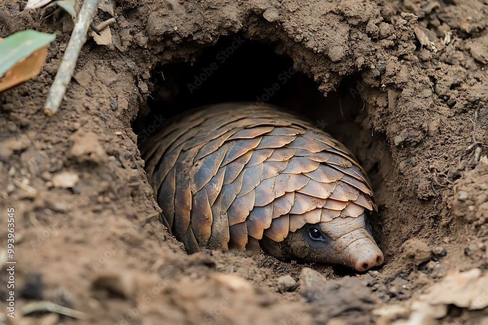 Fototapeta premium Pangolin Hiding in a Burrow.