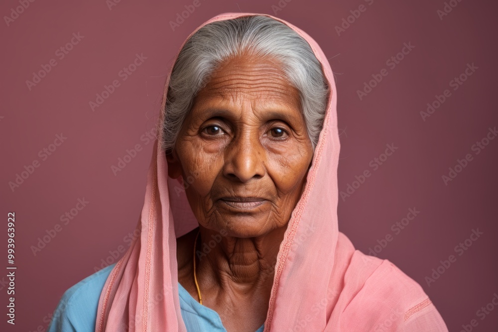 Portrait of a glad indian woman in her 70s dressed in a breathable mesh vest in solid color backdrop Portrait of a glad indian woman in her 70s dressed in a breathable mesh vest in solid color backdrop