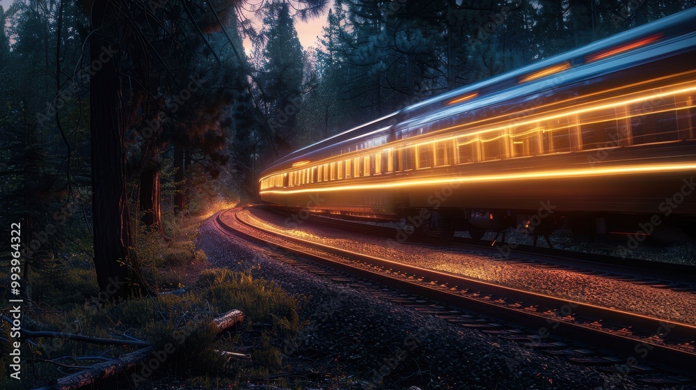 Naklejka premium Enchanting Night Train Journey Through Forest - 8K UHD Motion Blur