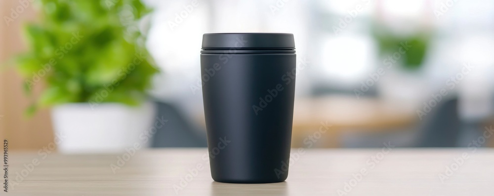 Mockup of a black tumbler placed on a coffee shop table. Tumbler template made of black steel. Mockup of a black tumbler placed on a coffee shop table. Tumbler template made of black steel.