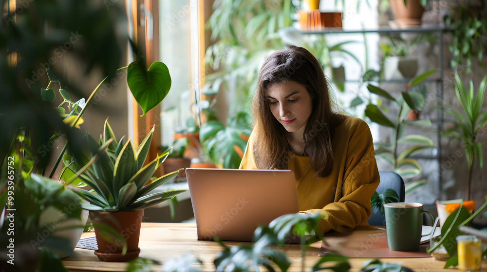 A woman sits at a wooden table with plants surrounding her, focused on her laptop in a bright, sunny indoor space. A woman sits at a wooden table with plants surrounding her, focused on her laptop in a bright, sunny indoor space.