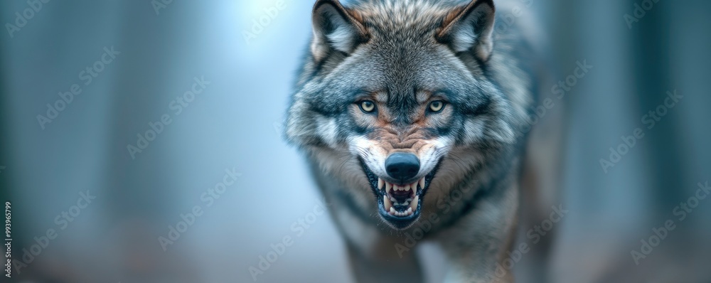 Detailed view of a black wolf growling in the North Pole. Detailed view of a black wolf growling in the North Pole.