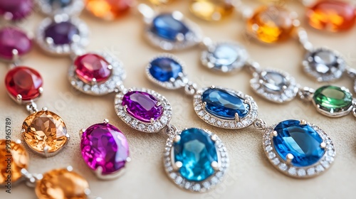 Vibrant gemstone jewelry pieces featuring various colors and intricate designs, perfect for showcasing luxury and elegance.