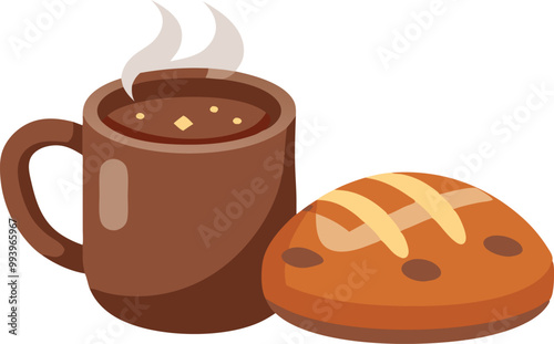 Hot coffee with sweet bread icon, traditional Mexican Day of the Dead food vector illustration