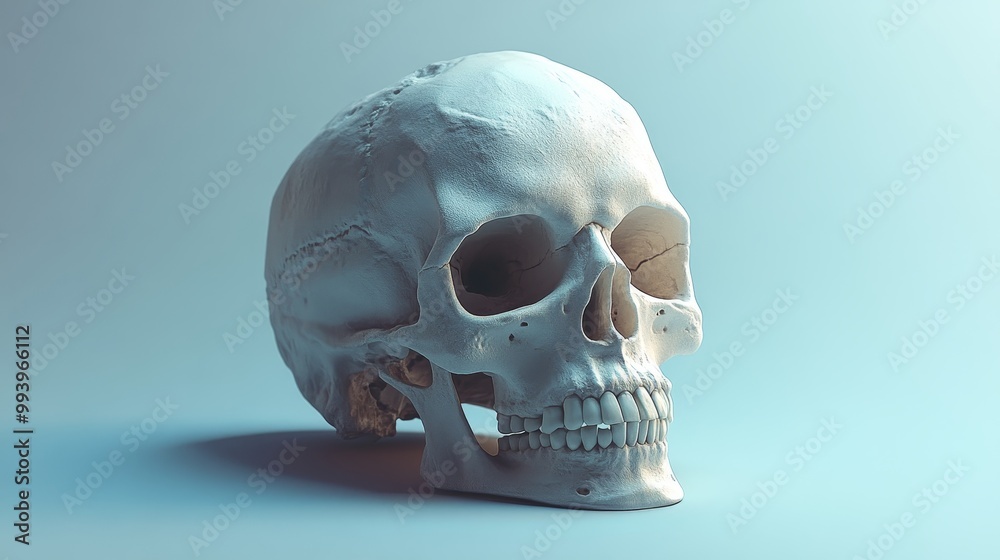 A white skull is shown on a blue background A white skull is shown on a blue background