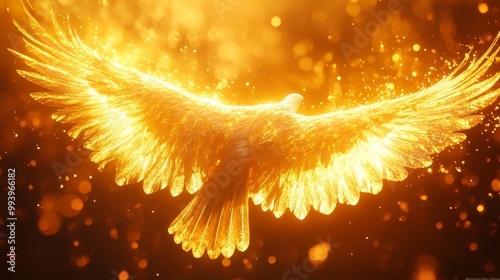 A golden bird with its wings spread out, flying through a bright, glowing sky