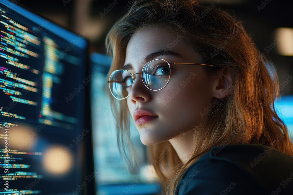 Young Woman Programmer with Glasses Coding in Dark Room with Blue Hues