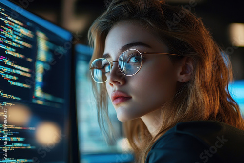 Young Woman Programmer with Glasses Coding in Dark Room with Blue Hues