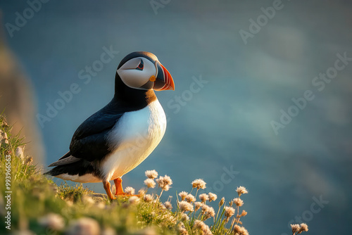 Atlantic Puffin on Scenic Cliff During Golden Hour with Warm Light photo