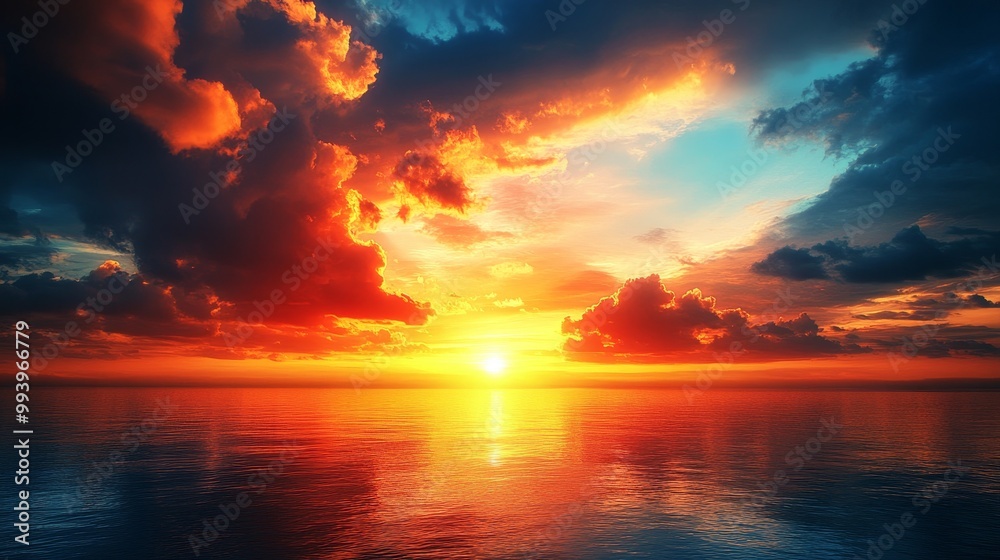 Naklejka premium A beautiful sunset over the ocean with a few clouds in the sky