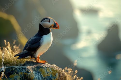 Colorful Puffin Perched on Cliff Overlooking Ocean at Sunset photo