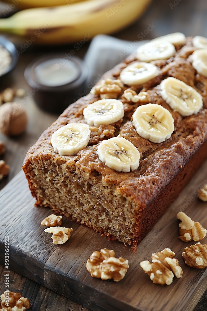 Fototapeta premium Banana Nut Bread Loaf with Walnuts and Banana Slices.