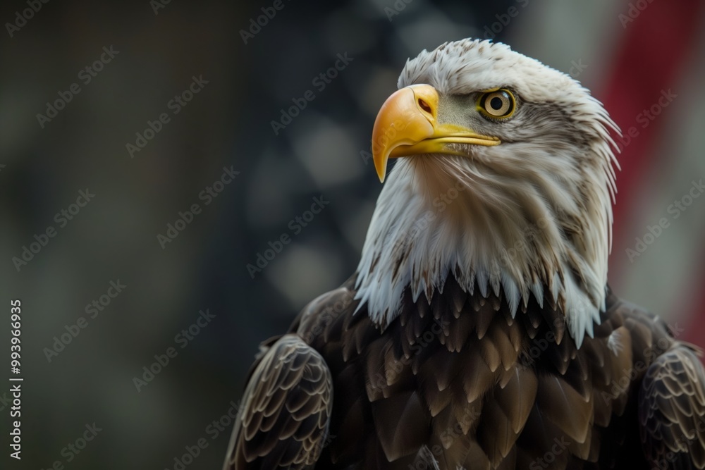 Obraz premium Large eagle against the background of the American flag. Concept of freedom and strength