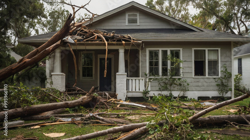 Damaged House With Fallen Branches After Storm