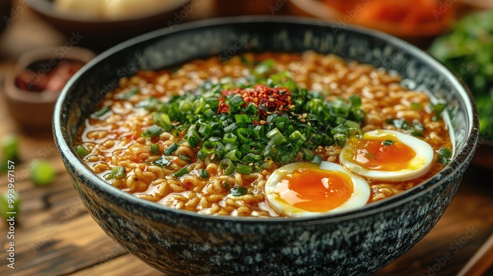 Delicious Bowl of Ramen with Seaweed and Egg in a Moody Dark Setting Delicious Bowl of Ramen with Seaweed and Egg in a Moody Dark Setting