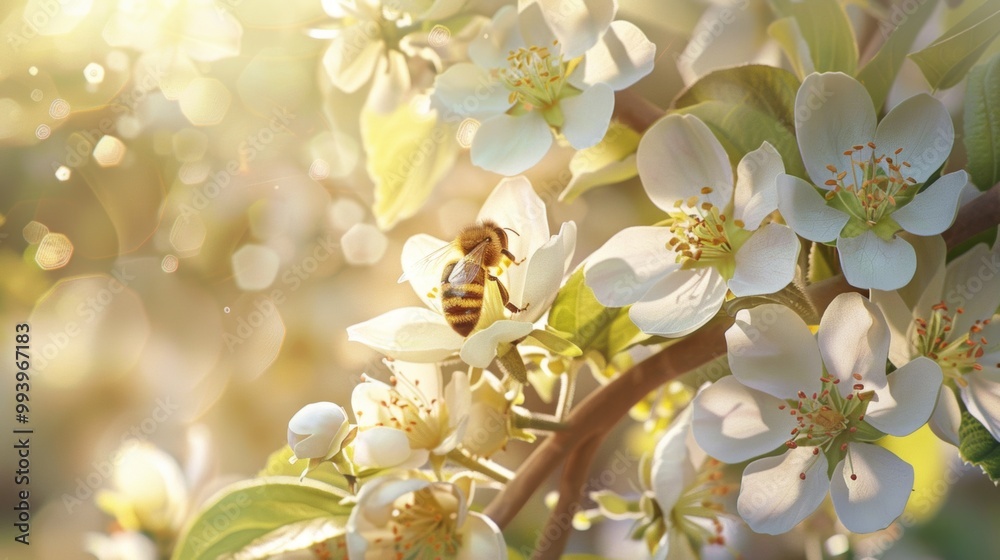 White Flowering Tree Branch with Bee Pollinating Delicate Blossoms in Springtime White Flowering Tree Branch with Bee Pollinating Delicate Blossoms in Springtime