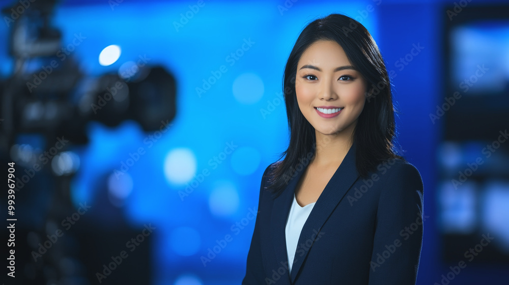 Obraz premium Confident Asian woman in navy suit smiling at the camera in a news studio setting