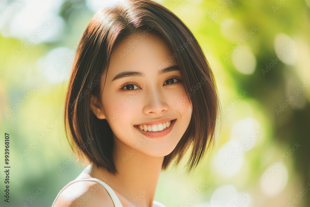 A young Asian woman smiling brightly in natural outdoor light on a sunny day A young Asian woman smiling brightly in natural outdoor light on a sunny day