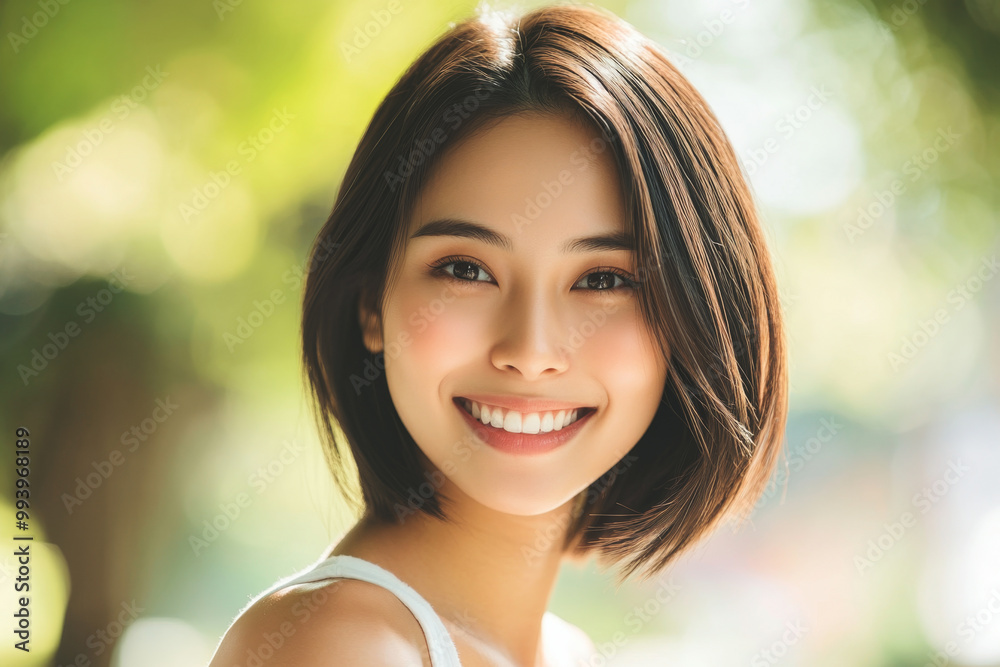 Smiling young Asian woman with bob haircut in natural light on a sunny day outdoors Smiling young Asian woman with bob haircut in natural light on a sunny day outdoors