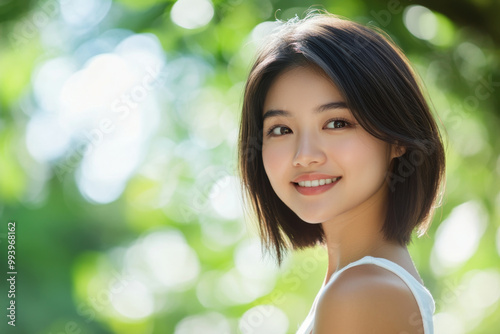 Bright and cheerful young Asian woman smiling outdoors on a sunny day with a bokeh background