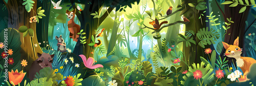 A vibrant, illustrated jungle scene filled with various animals, colorful flowers, and lush greenery, showcasing the beauty of nature.