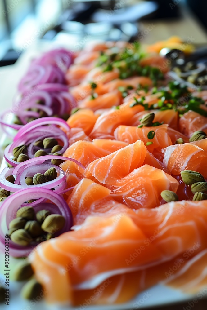Closeup of Smoked Salmon with Red Onion and Capers. Closeup of Smoked Salmon with Red Onion and Capers.