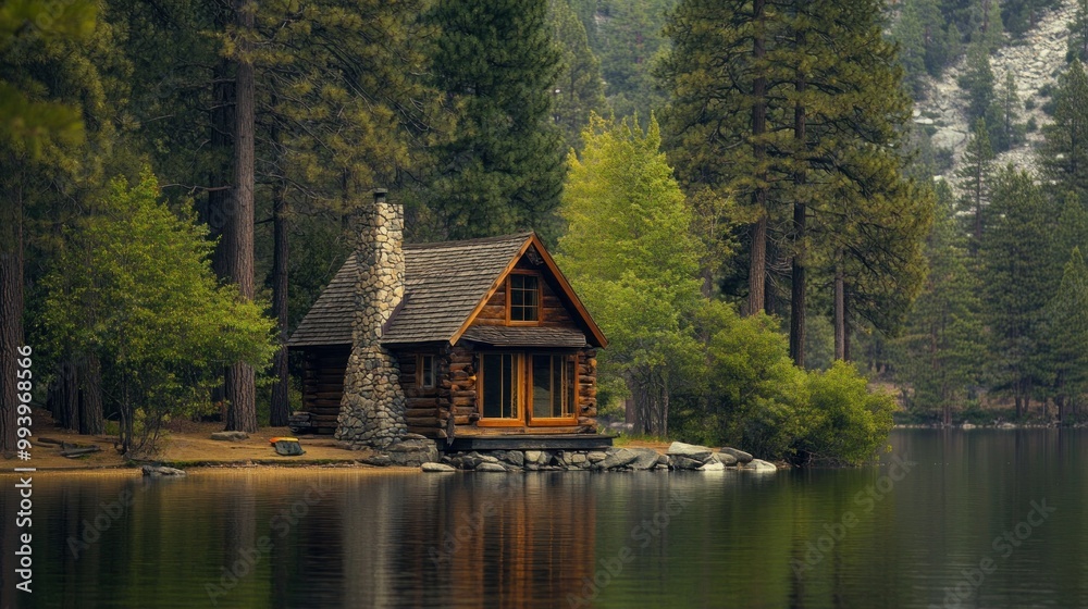 Fototapeta premium Rustic Cabin on a Tranquil Lake
