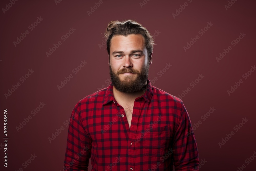 Portrait of a glad man in his 20s wearing a comfy flannel shirt over solid color backdrop Portrait of a glad man in his 20s wearing a comfy flannel shirt over solid color backdrop