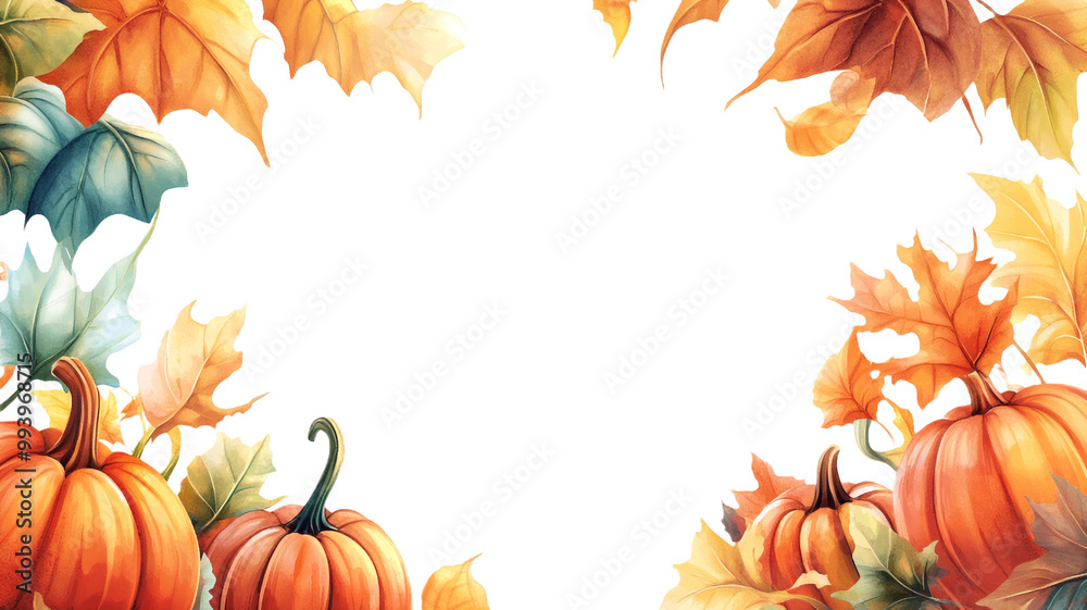 Frame of watercolor pumpkins and autumn leaves with transparent background. PNG template for autumn posters, Halloween and Thanksgiving cards with space for text Frame of watercolor pumpkins and autumn leaves with transparent background. PNG template for autumn posters, Halloween and Thanksgiving cards with space for text