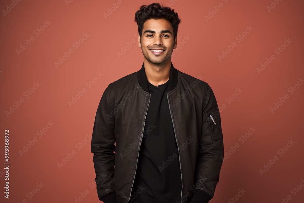 Portrait of a satisfied indian man in his 20s wearing a trendy bomber jacket isolated in solid color backdrop