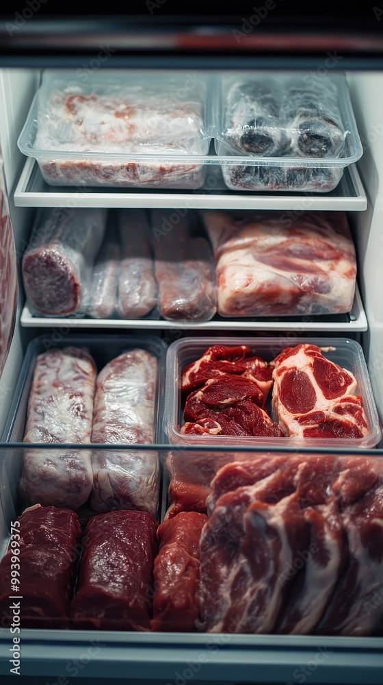 Different frozen meat on the opening freezer shelves,salmon and Meat Frozen in Plastic Bags Food Reserve Stored for Food Preparation,Frozen food,Meat and meat frozen products,food storage in fridge. Different frozen meat on the opening freezer shelves,salmon and Meat Frozen in Plastic Bags Food Reserve Stored for Food Preparation,Frozen food,Meat and meat frozen products,food storage in fridge.