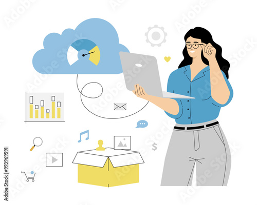 Data Storage Cloud Computing. Woman backup Data to the Cloud Storage and Hosting. Woman working with laptop via secure online system. Vector illustration on isolated white background.	
