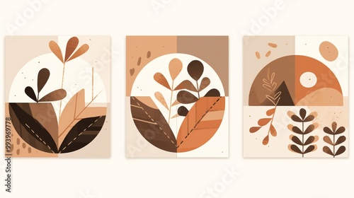 Set of three boho-inspired wall art prints showcasing simple shapes   in beige and brown tones.