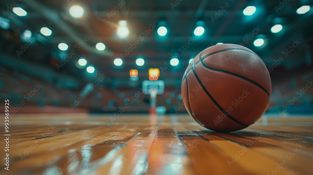 A close-up view of a basketball resting on a polished wooden court inside a well-lit arena at game time A close-up view of a basketball resting on a polished wooden court inside a well-lit arena at game time