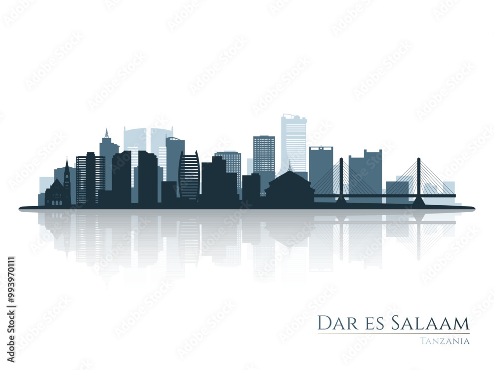 Naklejka premium Dar es Salaam skyline silhouette with reflection. Landscape Dar es Salaam, Tanzania. Vector illustration.